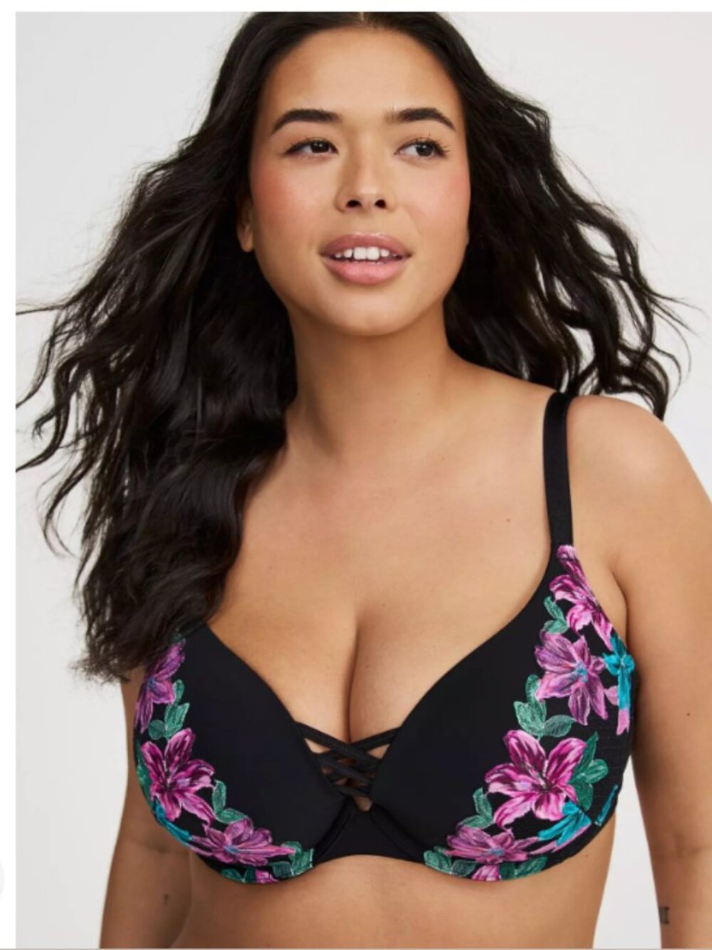 Torrid XO Plunge Push-Up Nova Lace Bra Black with Floral Embroidered Overlay
